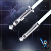 A pair of Snips CW custom sabers from Laser Monkey Sabers, showing both the primary and shoto-style silver hilts with glowing white-blue blades.