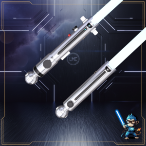 A pair of Snips CW custom sabers from Laser Monkey Sabers, showing both the primary and shoto-style silver hilts with glowing white-blue blades.