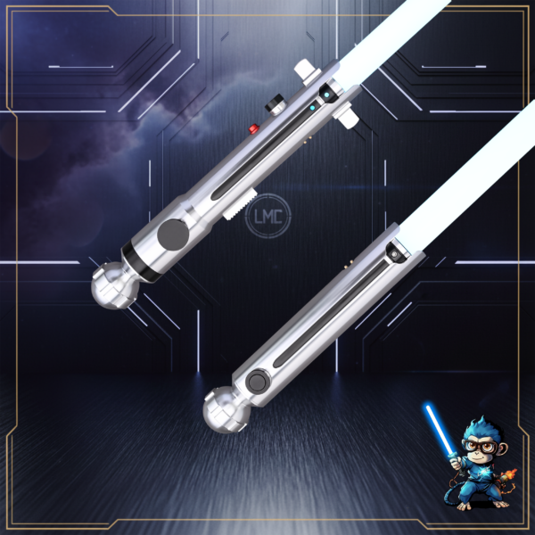 A pair of Snips CW custom sabers from Laser Monkey Sabers, showing both the primary and shoto-style silver hilts with glowing white-blue blades.