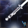 A Snips CW custom saber with a silver hilt, red accent button, and a bright white-blue glowing blade, displayed on a dark futuristic background.