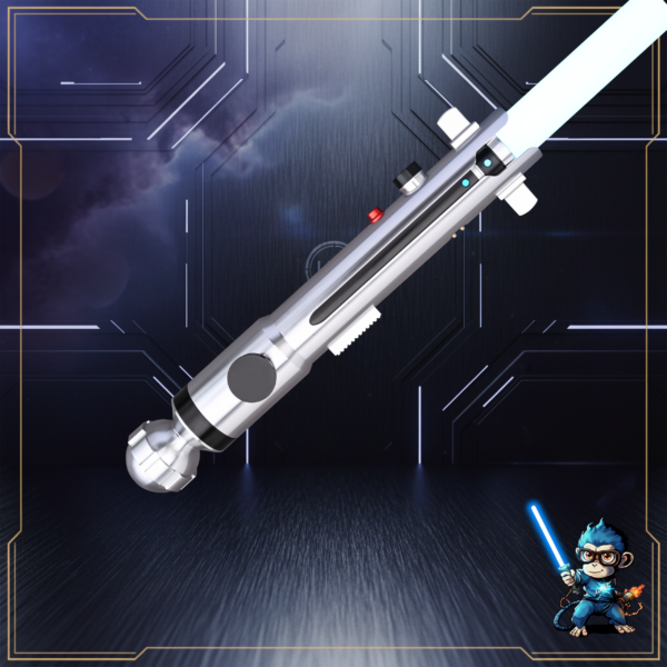A Snips CW custom saber with a silver hilt, red accent button, and a bright white-blue glowing blade, displayed on a dark futuristic background.