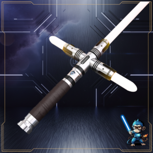 A Laser Monkey Sabers Crossguard 1 with a silver leather-wrapped hilt and glowing white/yellow blades, featuring a cartoon monkey mascot in the corner against a sci-fi tech background.