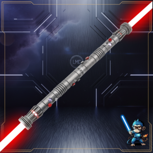 A high-end Laser Monkey Sabers Shadow Hunter SE replica with a heavily weathered, dark grey metallic finish, segmented grip, and prominent emitter fins, featuring two glowing red blades, set against a dark tech background with a monkey mascot.
