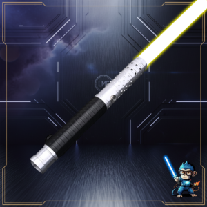 A full view of the Laser Monkey Sabers Count's Apprentice hilt featuring a dimpled silver emitter, black ribbed grip, and a vibrant yellow blade against a futuristic tech background with a monkey mascot.